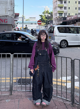 期望Studio牛仔背带裤女春秋2025新款美式复古直筒工装宽松阔腿裤