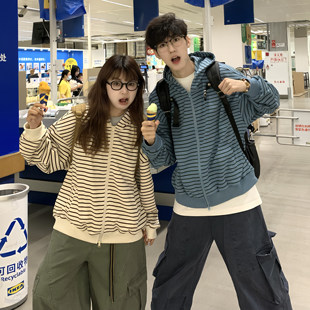 连帽卫衣情侣休闲长袖 慵懒风宽松条纹开衫 外套 美式 期望Studio秋季