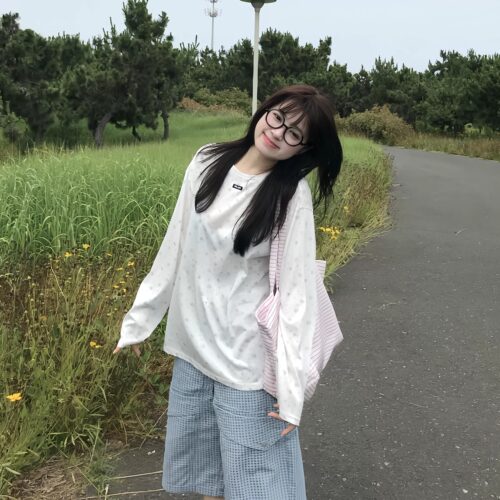 韩系碎花圆领长袖T恤女秋