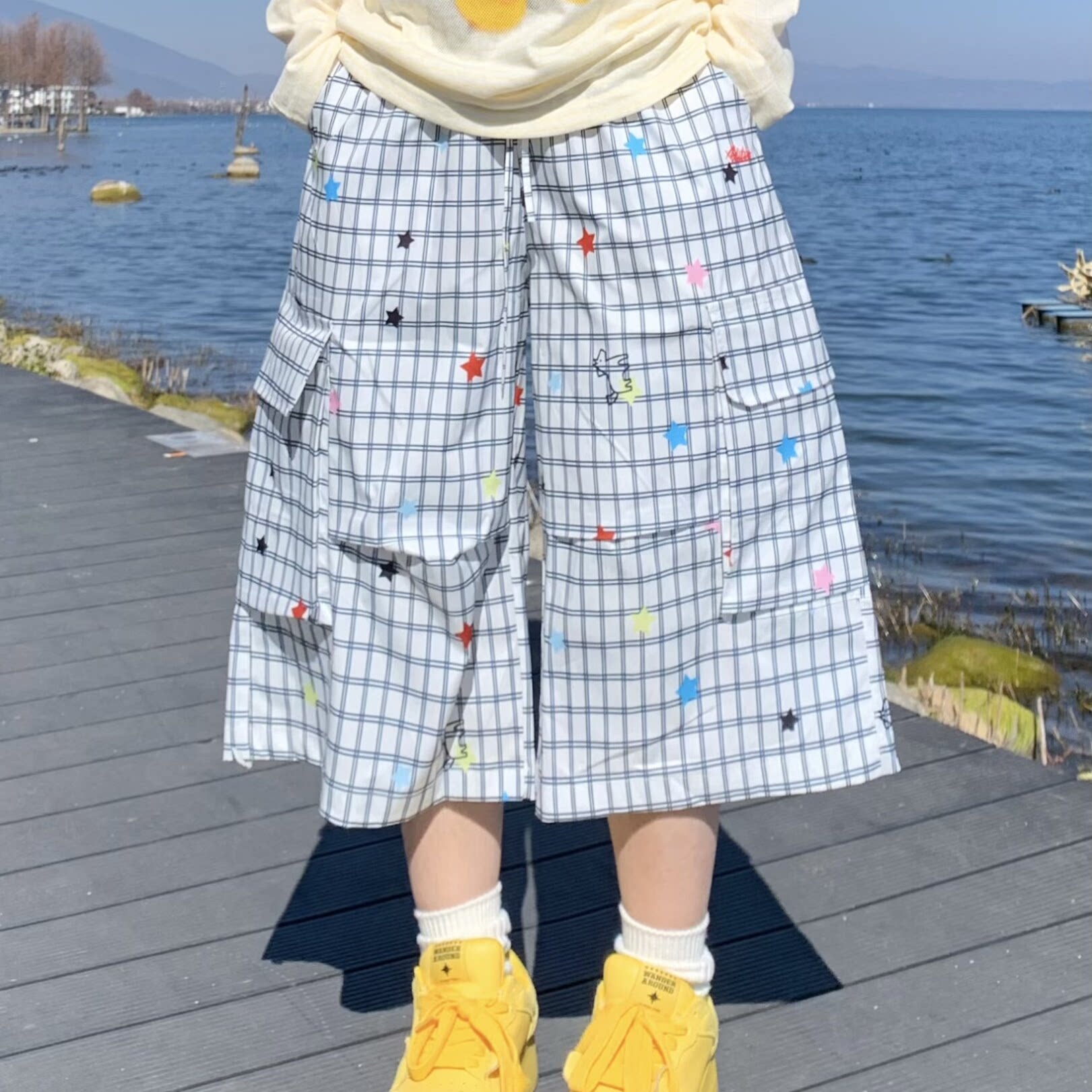 期望Studio星星印花格纹短裤男女夏季美式七分裤子宽松阔腿七分裤