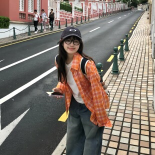 期望Studio韩系休闲橘色格子衬衫女设计感宽松慵懒日常长袖衬衣男