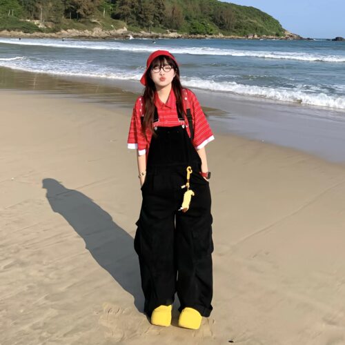复古多口袋工装背带裤男女