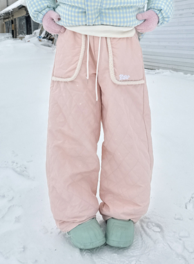 期望Studio美式复古菱形加厚夹棉休闲裤女冬季直筒滑雪裤棉裤子