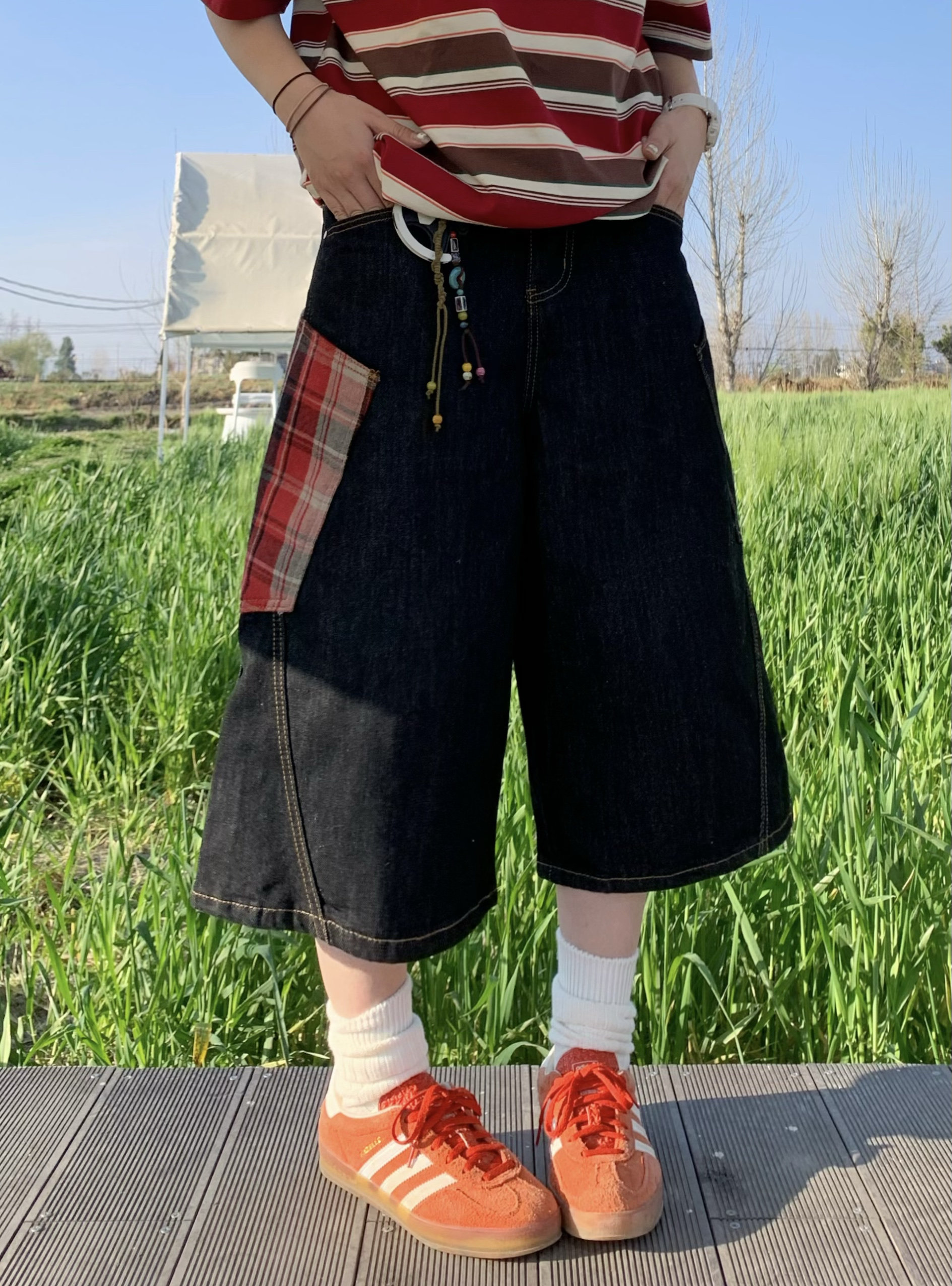 期望Studio美式复古格子拼接牛仔短裤男女夏季宽松休闲直筒七分裤