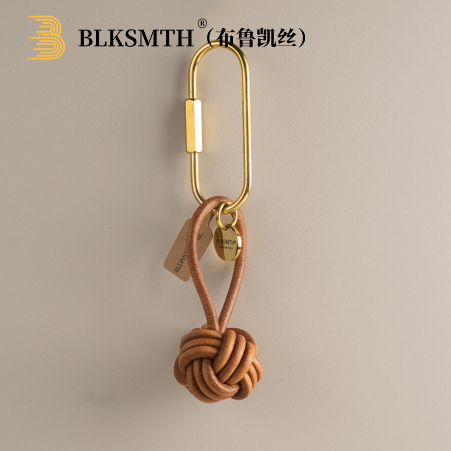 原创童趣皮革编织球黄铜防丢钥匙扣包包挂件简约复古情侣牛皮绳