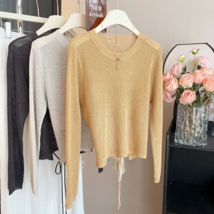 TG 2024秋季新款设计感后腰系带显瘦系带长袖宽松针织衫女上衣潮