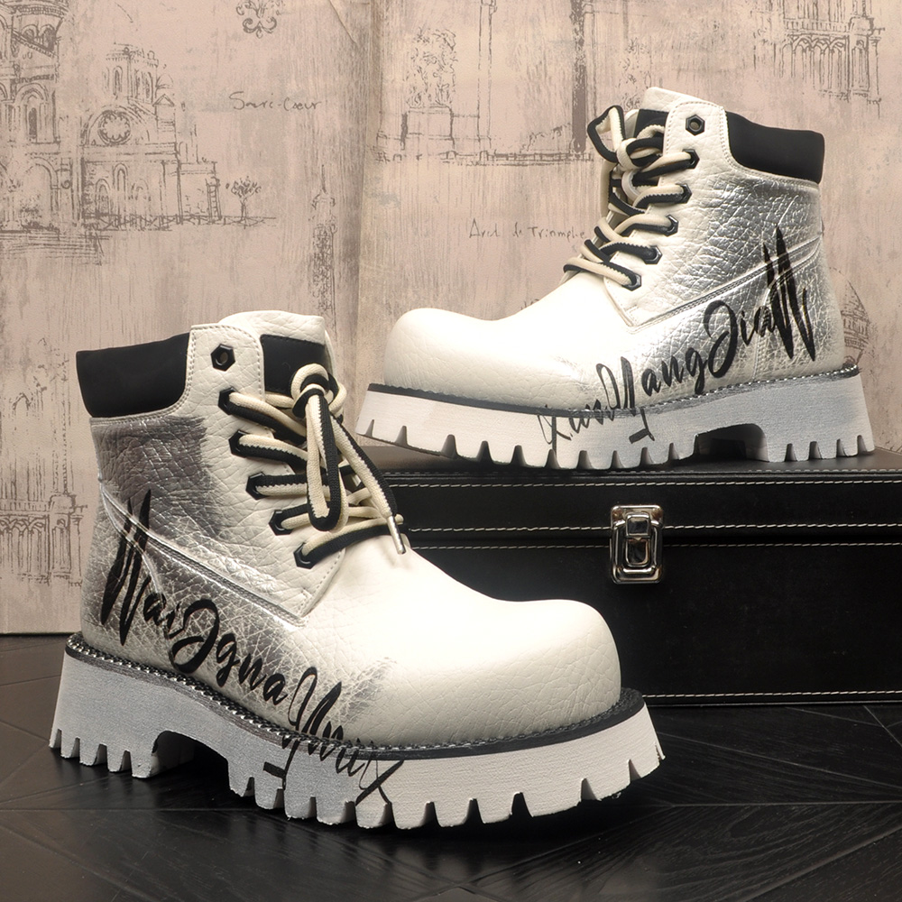 男士新款真皮马丁靴复古时尚潮流工装风短筒皮靴子厚底增高户外靴