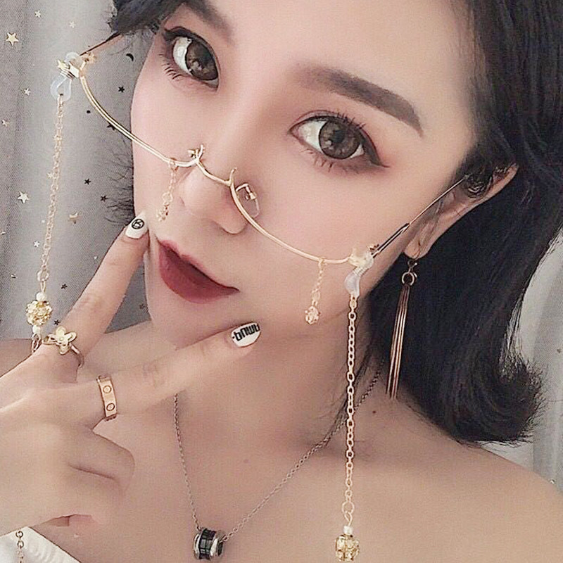 抖音下半框水滴眼镜架女网红同款装饰链条吊坠眼镜空框ins眼镜框