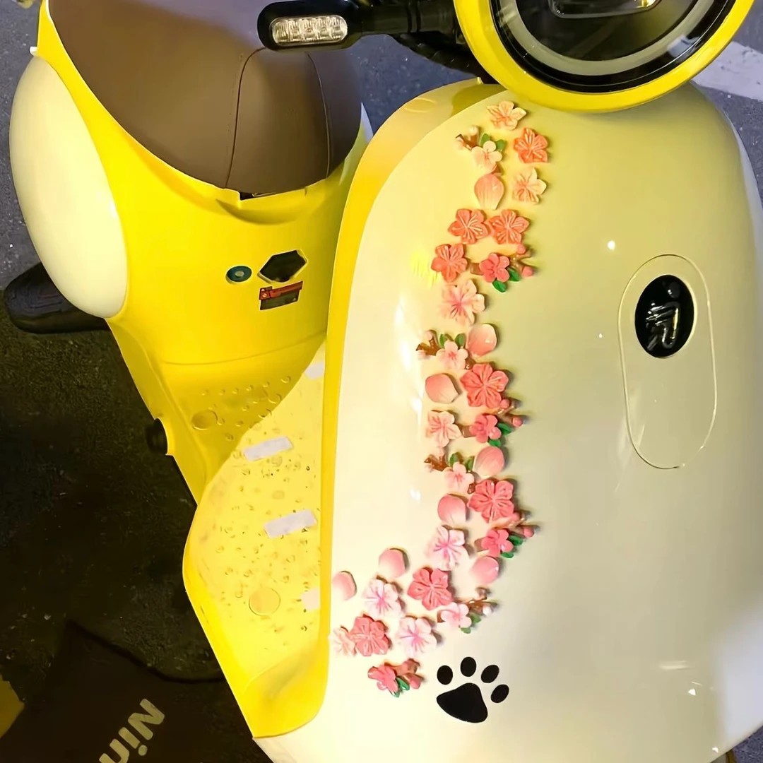 可爱电瓶摩托车立体花朵贴
