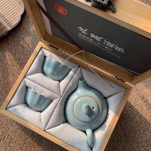 汝窑一壶两杯天青釉开片茶具套装
