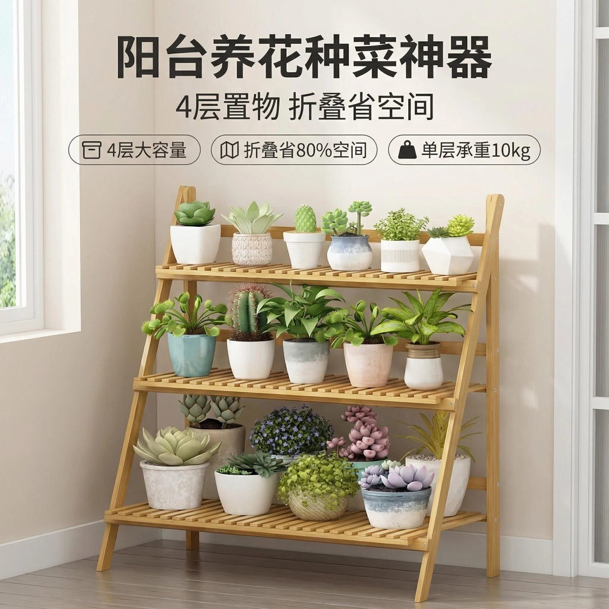 阳台花架落地式置物架室内外通用多肉绿萝花盆架折叠多层楠竹实木