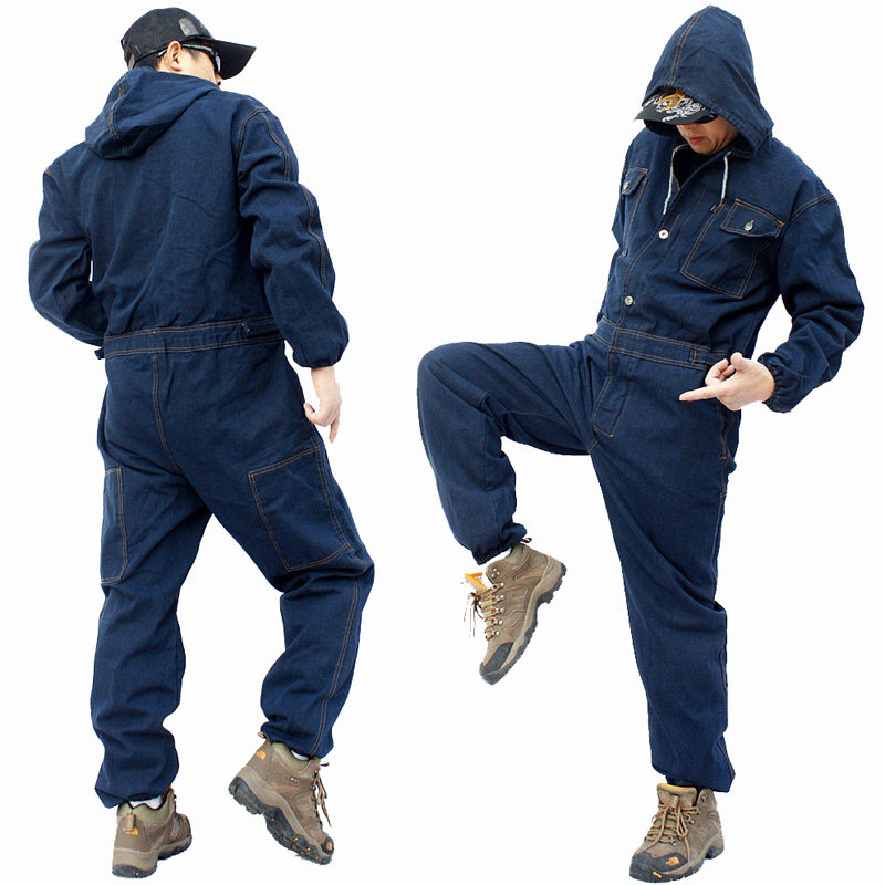 厂家连体牛仔服连帽劳保工作服套装工装裤电焊防烫抗火花焊工汽修
