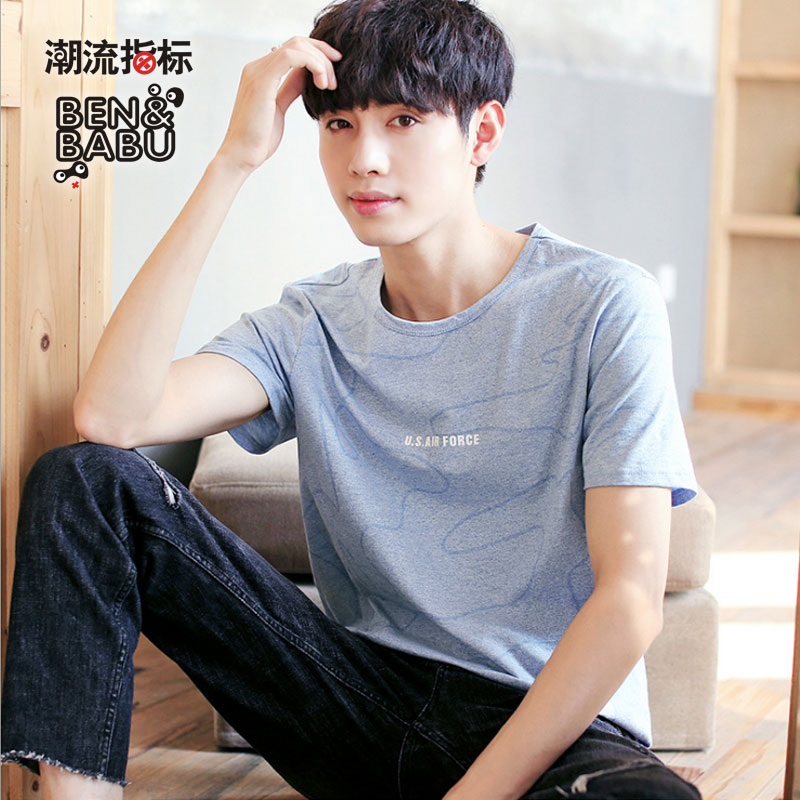 潮流指标/BEN&BABU浅兰圆领迷彩花纱印花通勤短袖T恤韩版男女同款