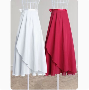 舞蹈服成人红色芭蕾舞裙练功半身纱裙教师长裙一片式 雪纺围裙80CM