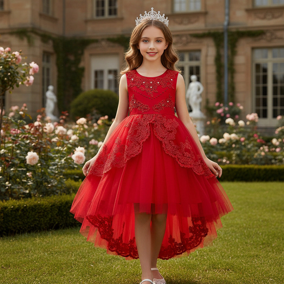 公主连衣裙儿童礼服蓬蓬裙珠绣网纱蓬蓬裙婚礼花童裙