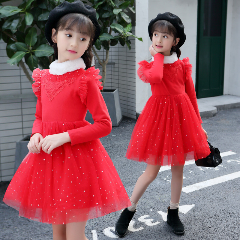 女童红色公主裙2020冬季儿童礼服裙小女孩洋气加绒连衣裙演出裙子