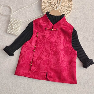 女童新中式马甲新年新款红色国风唐装坎肩秋冬装立领马夹双层加厚