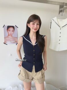 weme夏季2026新款纯欲风拼色海军领无袖冰丝针织上衣女假两件背心