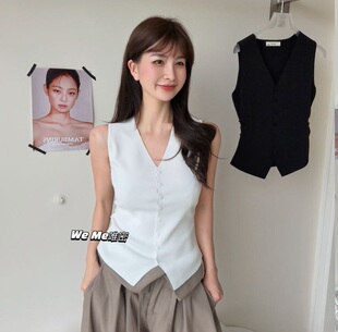weme夏季2026新款法式复古v领褶皱针织衫背心女修身显瘦无袖上衣