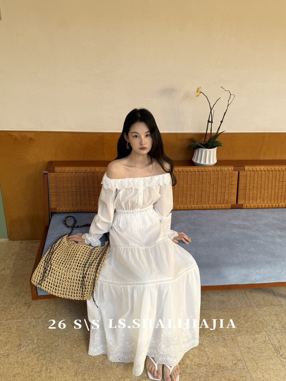 LS春季2026新款法式蕾丝花边一字肩长袖上衣高腰半身裙女两件套