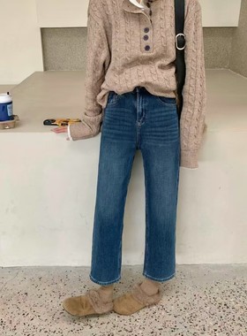 ACE加绒四面弹牛仔裤女冬季2025新款法式复古高腰显瘦法棍裤3086