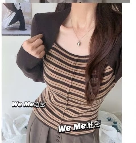 weme韩系条纹拼接假两件针织衫女秋季2026新款设计感小众长袖上衣