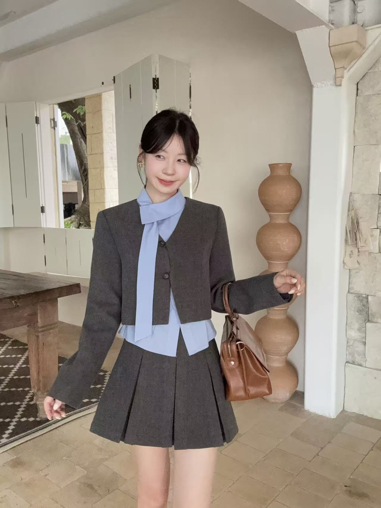 taotaofamily富家千金风假两件长袖西装外套高腰百褶短裙女两件套