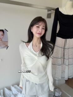 weme慵懒风纽结挂脖假两件长袖针织衫女春季2026新款修身显瘦上衣