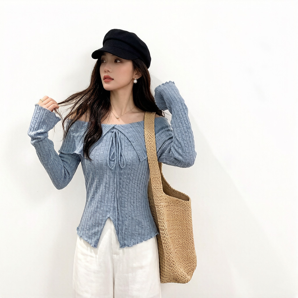 taotaofamily法式温柔风一字肩系带木耳边T恤女春季修身露肩上衣