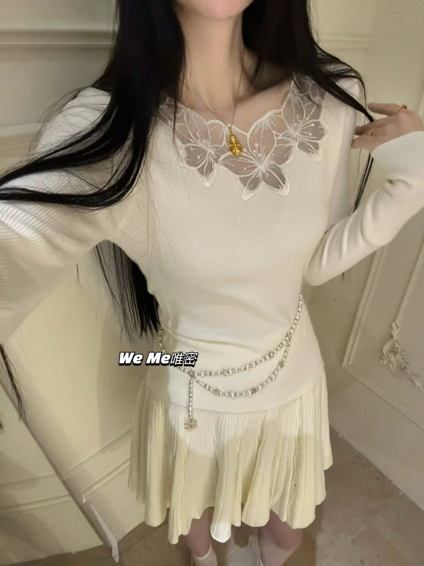 weme纯欲风立体花朵蕾丝针织衫女秋季2026新款修身显瘦长袖上衣