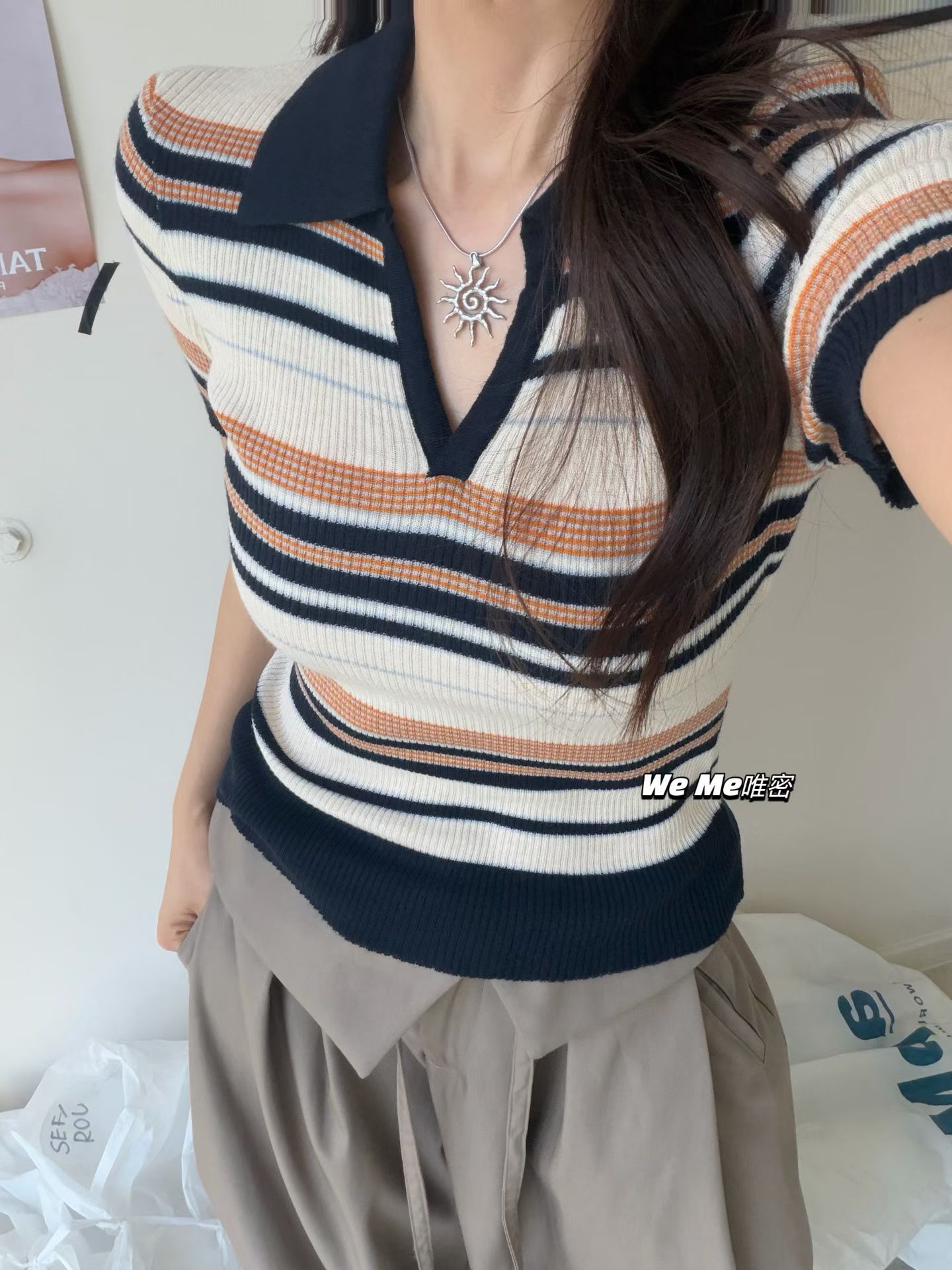 weme早秋2026新款复古polo领撞色条纹针织衫女修身显瘦短袖t恤