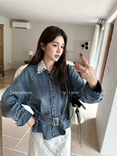 LS早秋2026新款复古蕾丝拼接牛仔衬衫女收腰显瘦短款长袖上衣外套