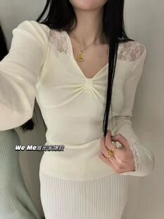 2025新款 weme纯欲风纽结蕾丝拼接长袖 女冬季 收腰显瘦打底衫 针织衫