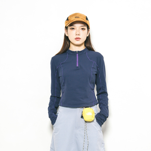 户外山系拼色速干哈苏线半拉链立领长袖T恤女修身徒步打底衫上衣
