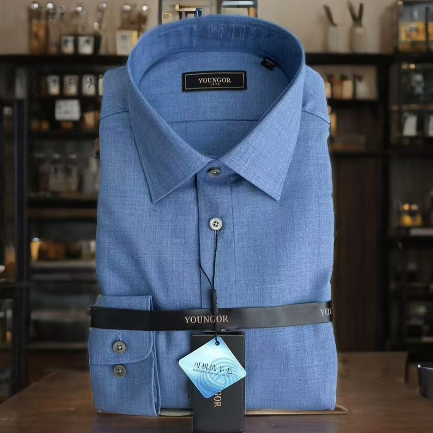 雅戈尔可机洗羊毛男商务长袖衬衫