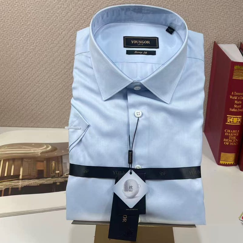 雅戈尔男士棉+桑蚕丝浅蓝色衬衫免烫修身商务优雅风短袖衬衣SK319