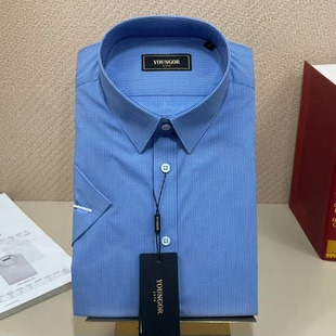 修身 衬衫 免烫蓝色格子商务休闲质感有型SK190 短袖 雅戈尔男士