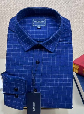 雅戈尔保暖衬衫男加绒加厚冬季长袖宽松蓝色格子休闲衬衣 115154H