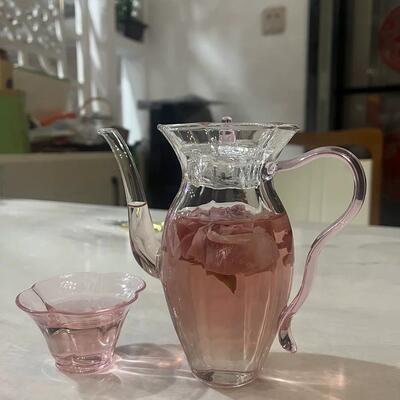 玫瑰花茶壶水果花茶壶玻璃水仙壶透明粉泡茶壶下午茶茶具泡茶器
