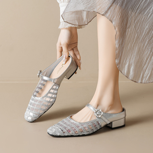 法式网面包头拖鞋女夏外穿镂空透气粗跟玛丽珍凉拖包头半拖鞋女