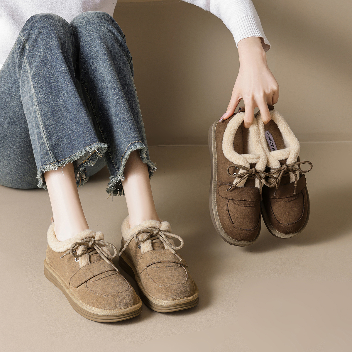 加绒雪地靴女系带勃肯鞋毛毛棉鞋