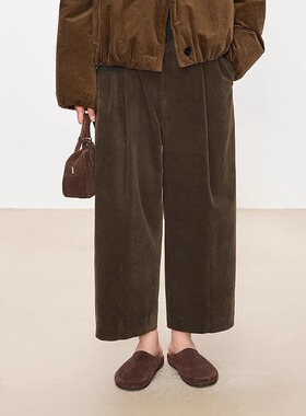 JOC御寒厚绒立体粗条纹光泽灯芯绒VTG连腰微弧微锥阔腿奶奶裤