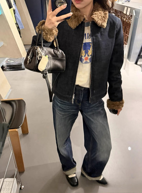 at同款 丹宁拼接棉混纺黄色格纹短款H版型牛仔拼毛翻领外套