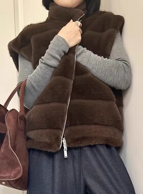 2025新款冬短款立领双面穿环保水貂马甲仿貂毛皮草外套夹棉马甲女