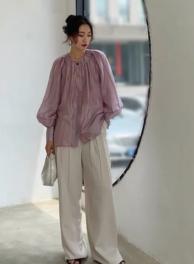 万太太紫色衬衫女夏设计感小众法式上衣甜美气质别致高级感防晒衫