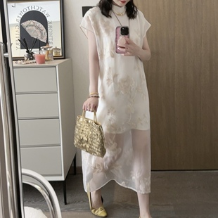 如意连云【明星同款】夏真丝欧根纱绣花连衣裙女新中式国风旗袍裙