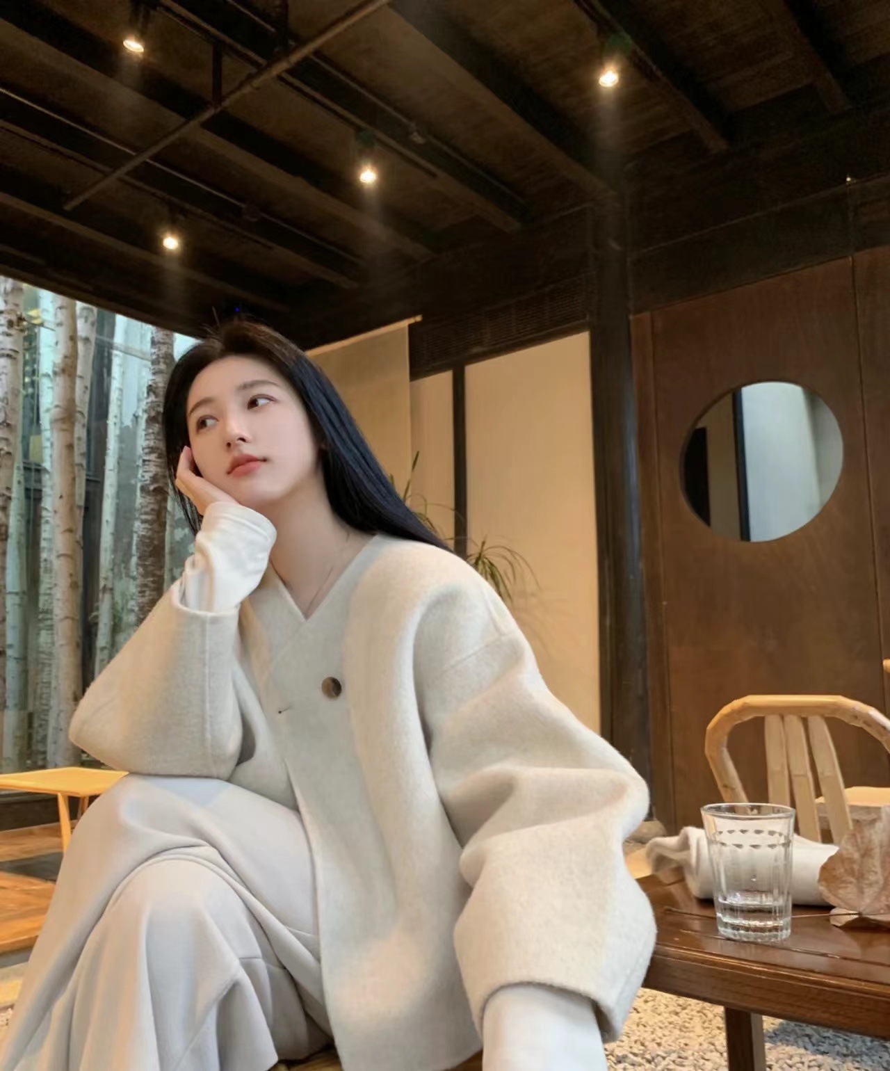 围巾燕麦色短款双面尼大衣羊驼毛