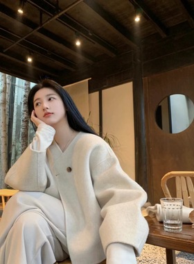 夏盐summersalt冬 围巾领燕麦色短款双面尼大衣羊驼毛