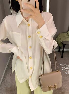 tinafairy/设计感小众长袖衬衣秋新款别致天丝上衣质感白色衬衫女