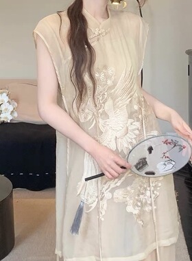 SYA溪小西 新中式国风旗袍上衣女2023年夏季盘扣刺绣无袖立领显瘦